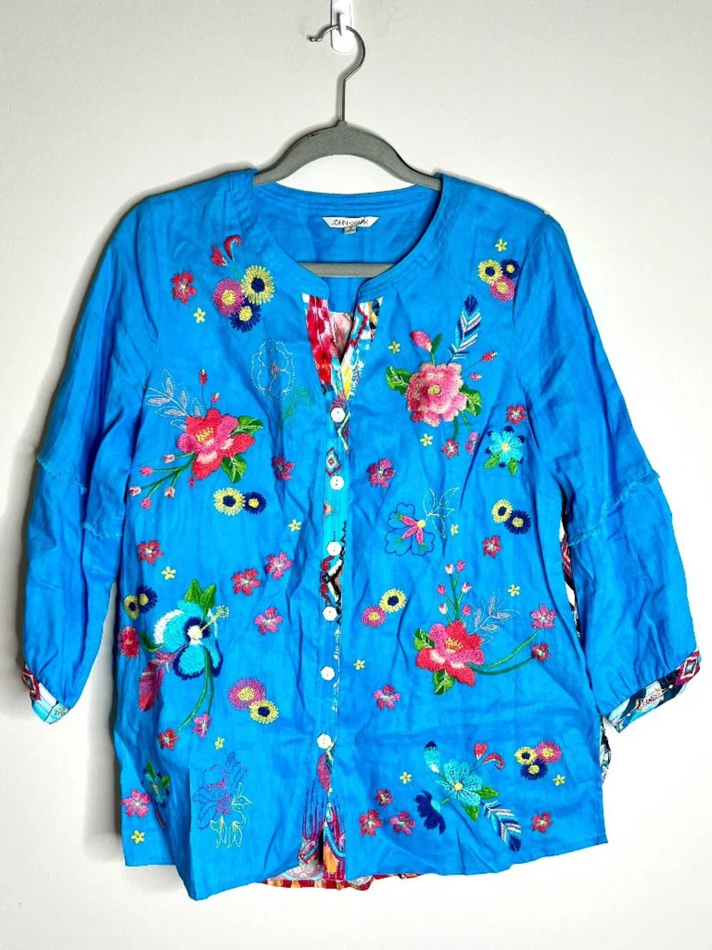 John Mark Turquoise Floral Embroidered Tunic Bohemian Colorful Artsy Button-Up S - Picture 3 of 7